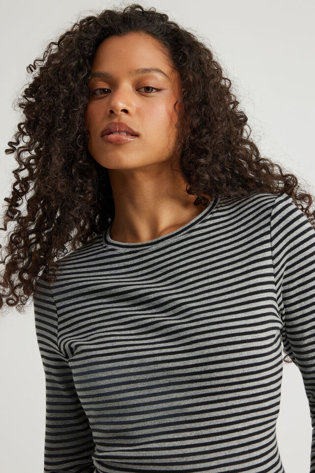 Fitted Long Sleeve Top, BLACK/GUNMETAL MARLE STRIPE