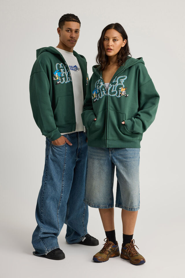 Sonic X Half Half Zip Thru Hoodie, LCN SEG WASHED GREEN/SONIC AND TAILS BUBBLE