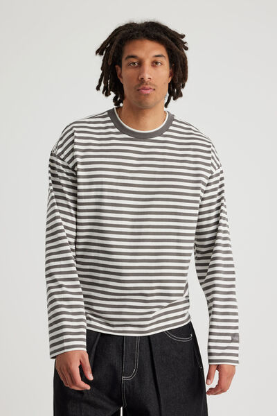 Open Gallery Cropped Long Sleeve Tshirt, OG TITANIUM STRIPE/OG LOGO