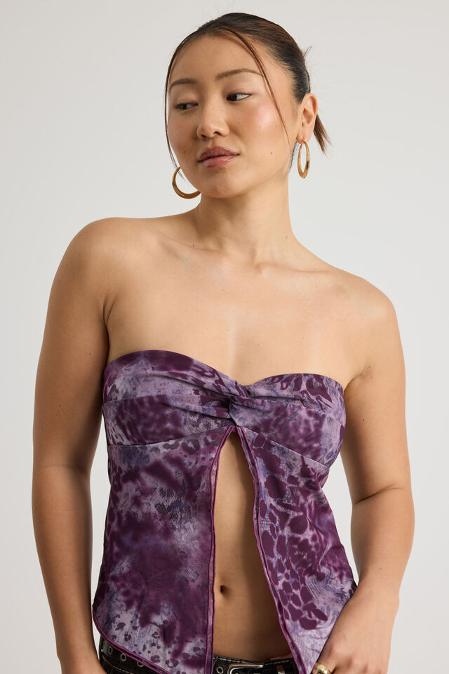 Knot Front Split Bandeau, PURPLE ABSTRACT ANIMAL