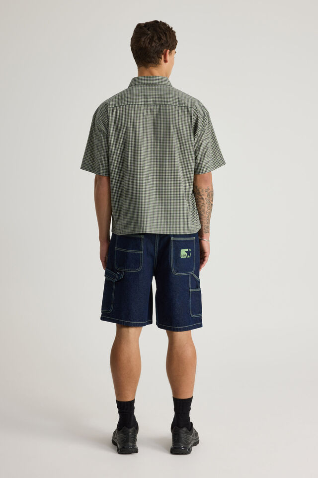 Half Half Painter Baggy Denim Short, RAW INDIGO/FAIRWAY GREEN