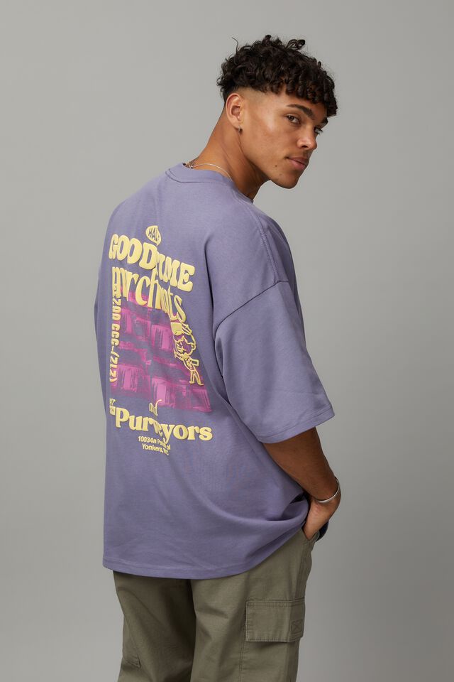 Half Half Heavy Weight Box Fit Graphic Tshirt, LAVENDER/MERCHANTS
