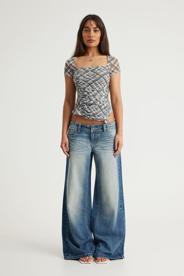 Mesh Square Neck Top, CLOUD/CHOC BLUR CHECK