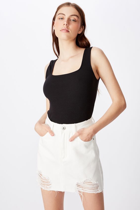 Classic Denim Skirt, WHITE DISTRESSED