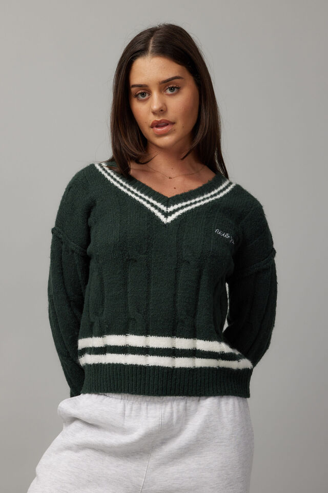 Addison Cable V Neck Jumper, IVY GREEN/NEW YORK