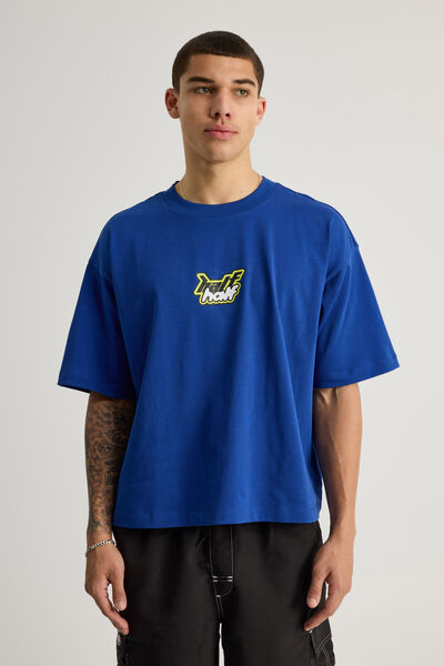 Half Half Boxy Cropped Graphic Tshirt, HH CORPORATE BLUE/HALF HALF RETRO