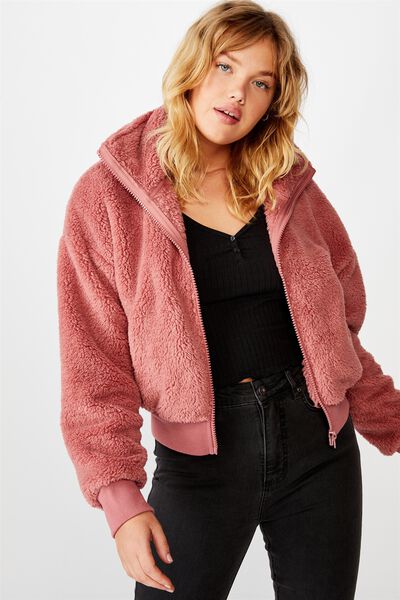 Plush Zip Thru Bomber, BRICK RED