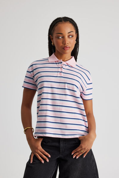 Short Sleeve Polo Top, PINK STRIPE