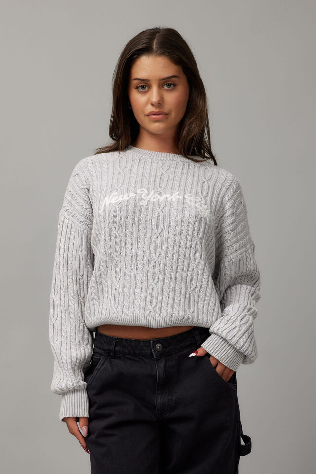 Lola Oversized Cable Knit Crew, SILVER/NEW YORK CITY