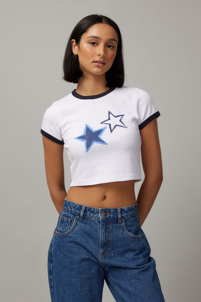 Cropped Fitted Graphic Tee, WHITE/STARS