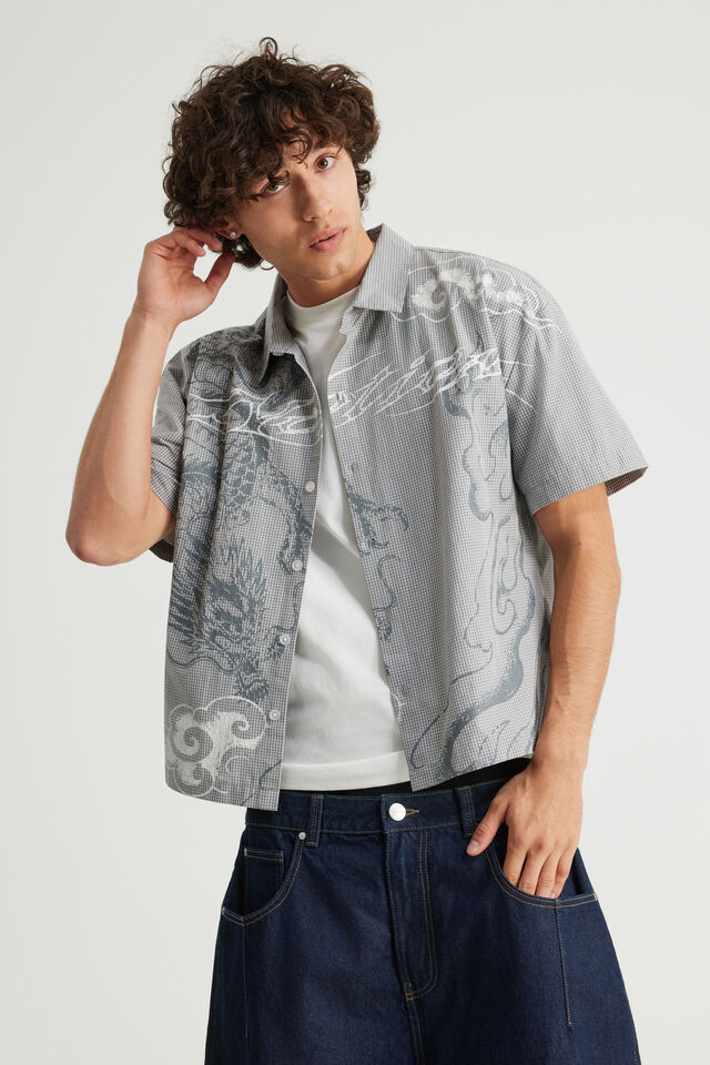 Notion Boxy Cropped Short Sleeve Shirt, NOTION MICRO CHECK/FULL FRONT GRAPHIC