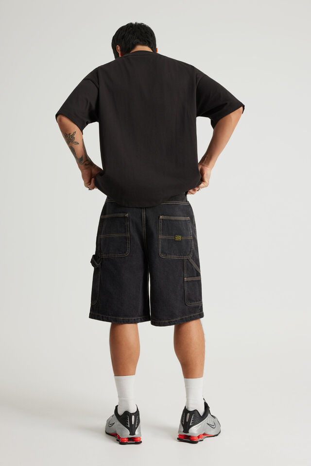 Half Half Painter Baggy Denim Short, BLACK STONE