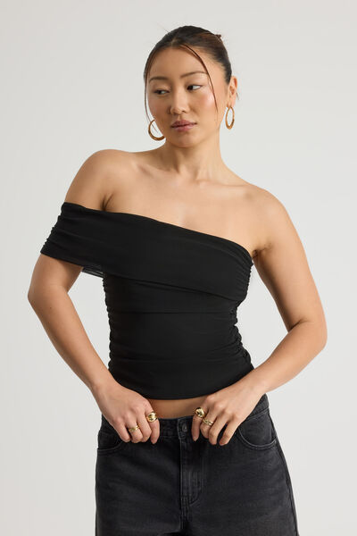 Mesh One Shoulder Top, BLACK