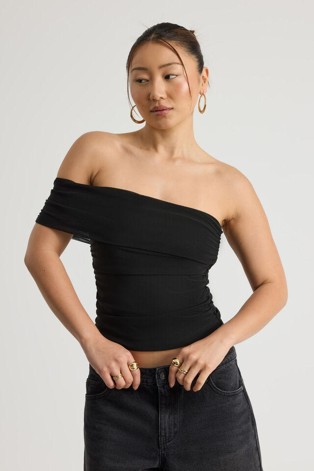 Mesh One Shoulder Top, BLACK