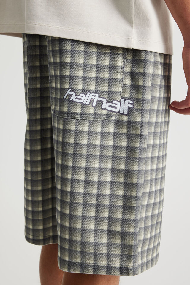 Half Half Painter Baggy Denim Short, GREY PRINTED CHECK
