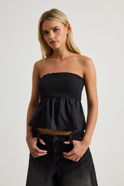 Juno Shirred Babydoll Bandeau, BLACK