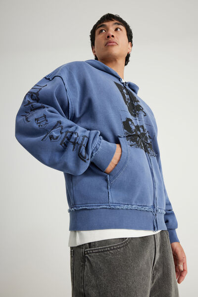 Attack On Titan Zip Through Hoodie, LCN AOT WASHED BLUE FIN/TITANS PATCHWORK