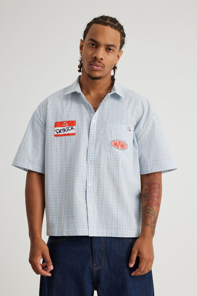 Lcn Spongebob X Hh Boxy Cropped Short Sleeve Shirt, LCN SPONGEBOB X HH BLUE CHECK/PATRICK STICKER