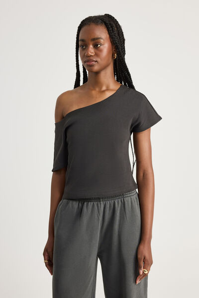 One Shoulder Graphic Tee, PHANTOM