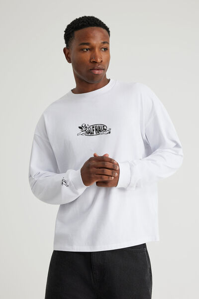 Half Half Long Sleeve Tshirt, HH WHITE/HALF THE DAMAGE
