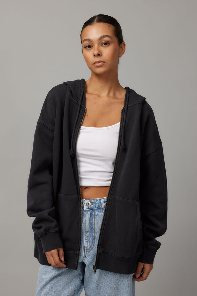 Washed Zip Through Hoodie, WASHED BLACK