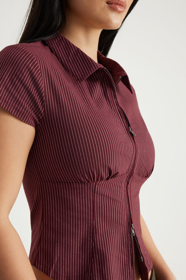 Short Sleeve Zip Through Shirt, BORDEAUX PINSTRIPE