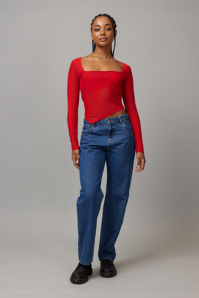 Ally Mesh Square Neck Long Sleeve, SCARLET RED