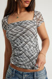 Mesh Square Neck Top, CLOUD/CHOC BLUR CHECK - example image 4