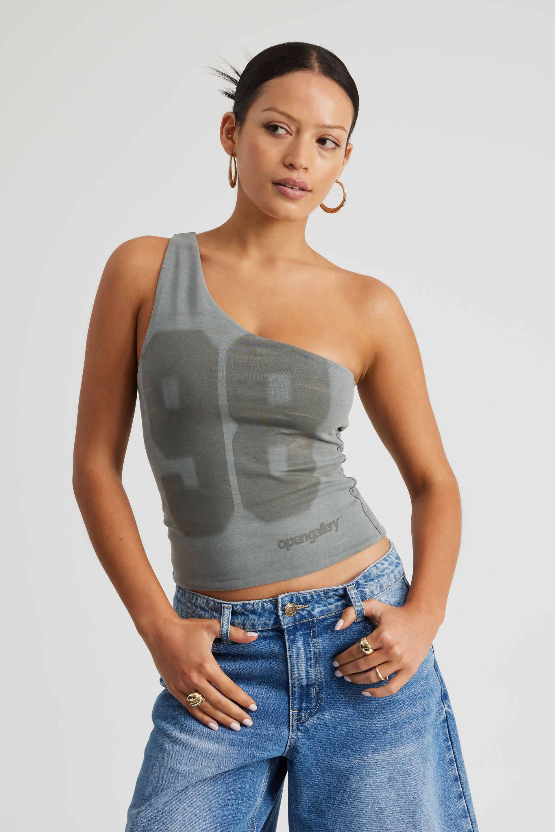 Women's Navy Graphic One Shoulder Tank | Factorie Australia