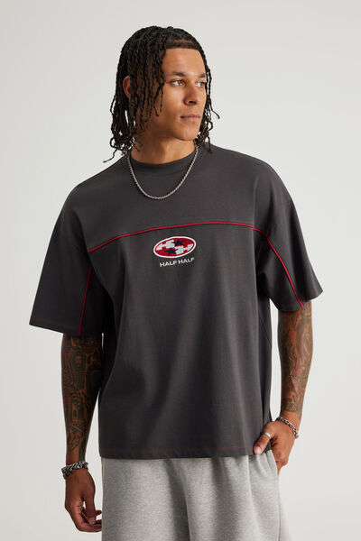 Half Half Box Fit Panelled Graphic Tshirt, HH SLATE/ESCALADE