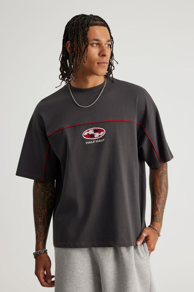 Half Half Box Fit Panelled Graphic Tshirt, HH SLATE/ESCALADE