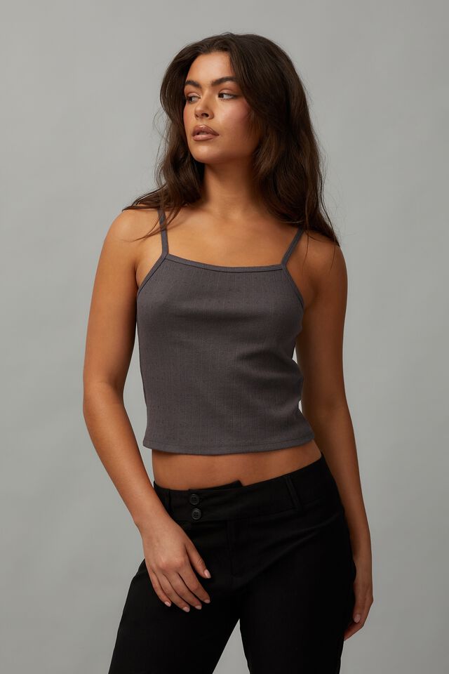 Pointelle Square Neck Tank, CHARCOAL