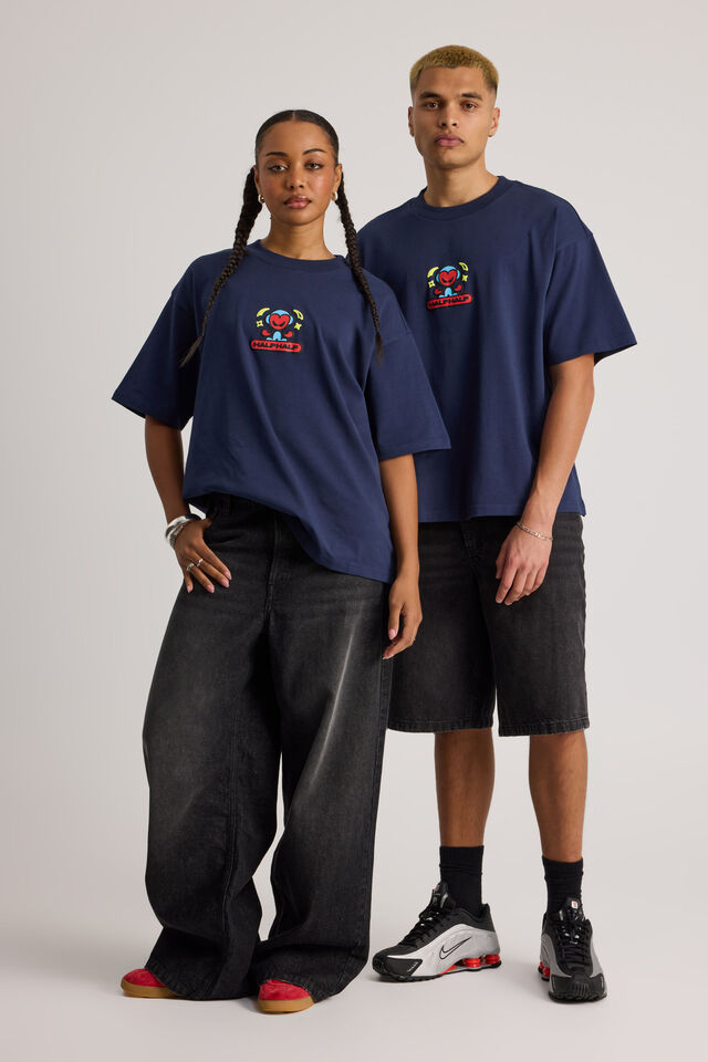 Half Half Heavyweight Box Fit Graphic Tshirt, HH MIDNIGHT BLUE/HALF HALF TROUBLEMAKER