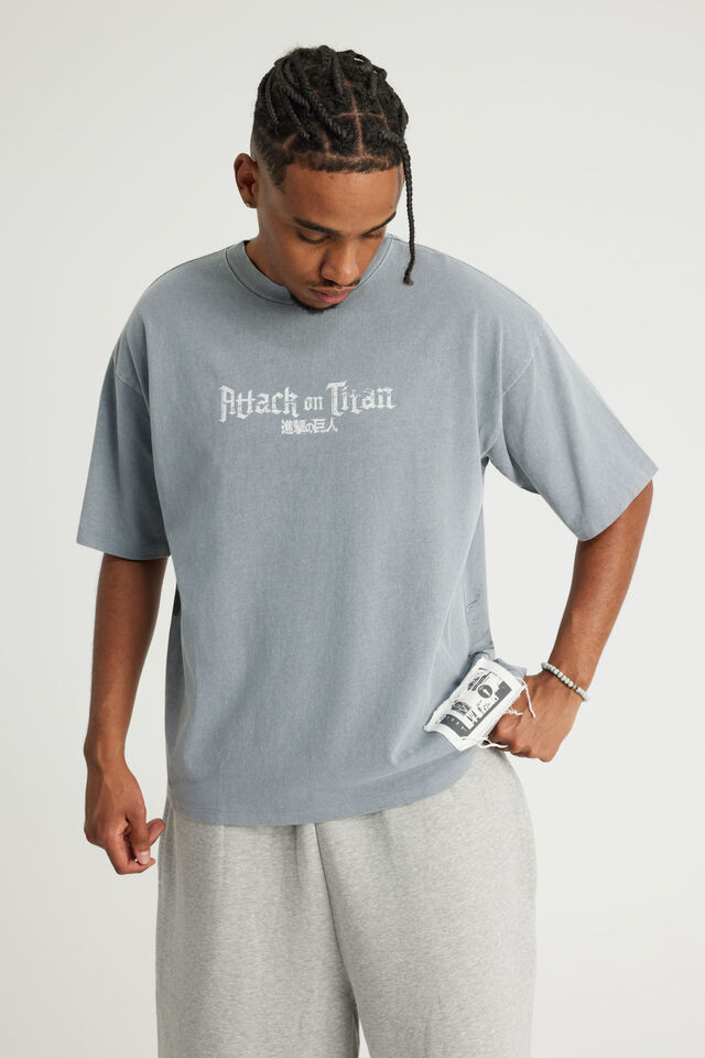 Box Fit Attack On Titans Tshirt, LCN AOT WASHED CONCRETE/EREN ARMIN MIKASA