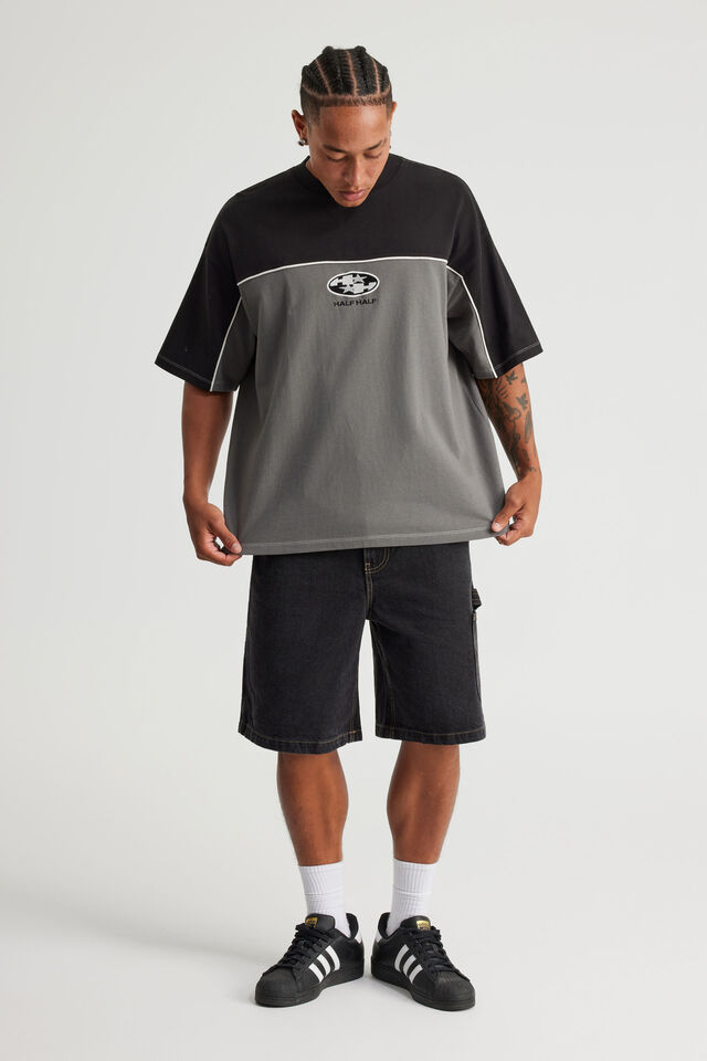 Half Half Box Fit Panelled Graphic Tshirt, HH GREY/BLACK ESCALADE