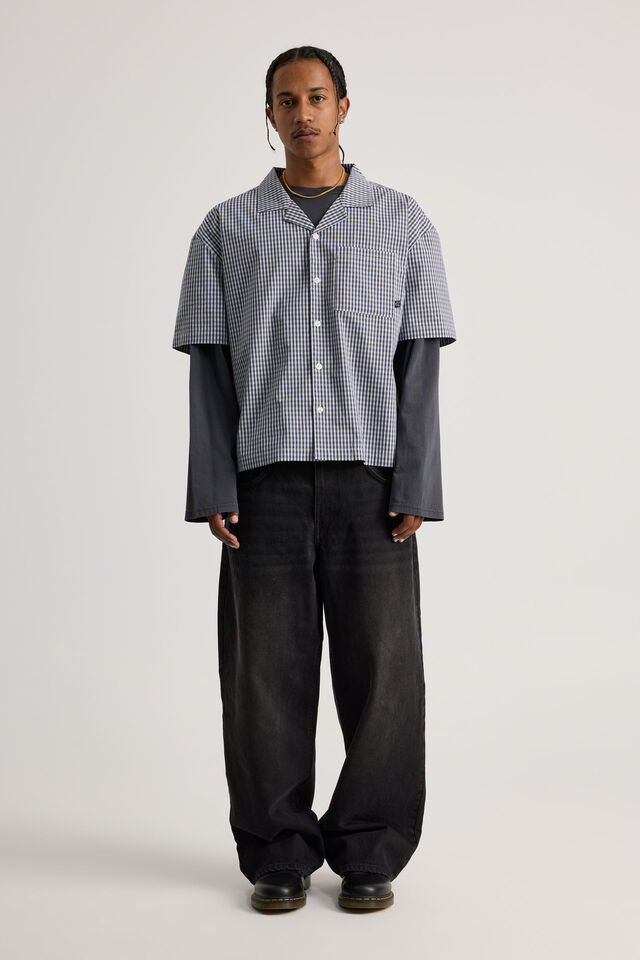 Half Half Boxy Cropped Short Sleeve Shirt, HH MIDNIGHT BLUE/CHECK