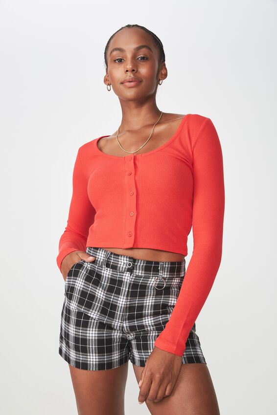 Waffle Long Sleeve Henley Crop, FLAME SCARLETT