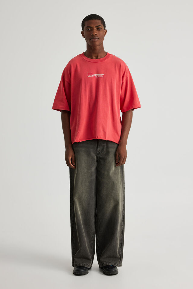 Half Half Boxy Cropped Graphic Tshirt, HH WASHED VARSITY RED/CHAINED UP