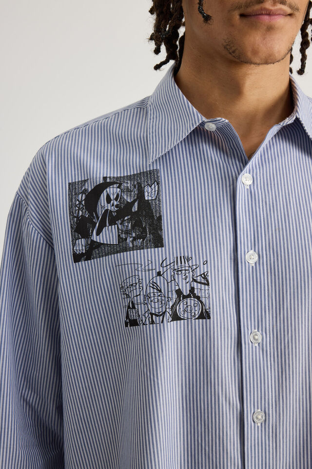 Cartoon Network X Half Half Long Sleeve Shirt, LCN WB BLUE WHT PINSTRIPE/CARTOON NETWORK