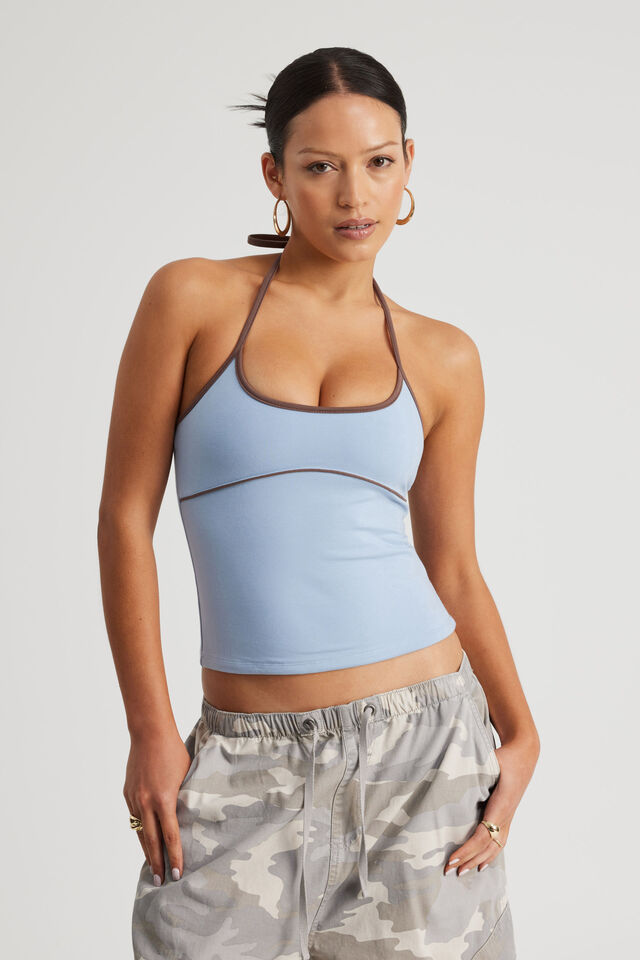 Tie Neck Halter Top, BLUE MIST/MUD