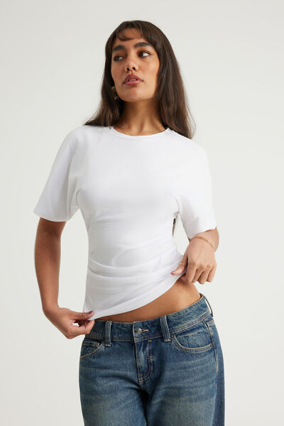 Batwing Cinch Waist Top, WHITE