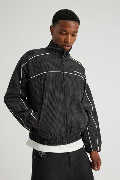 Half Half Zip Through Jacket, BLACK GRID CHECK