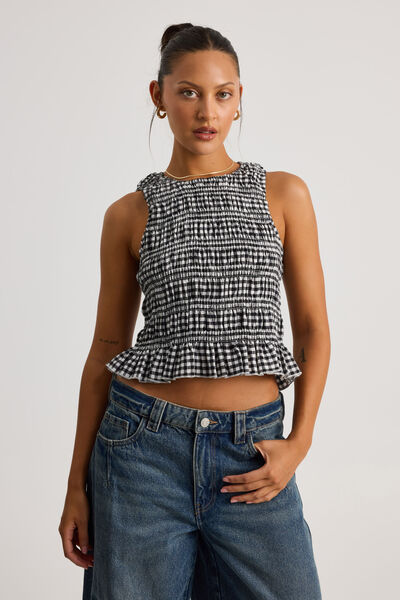 Ella Shirred Tank, BLACK GINGHAM