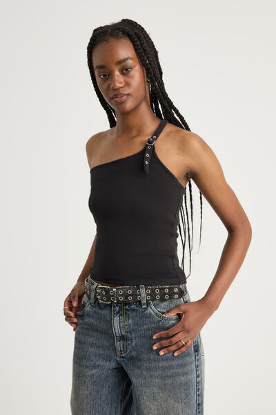 One Shoulder Buckle Top, BLACK