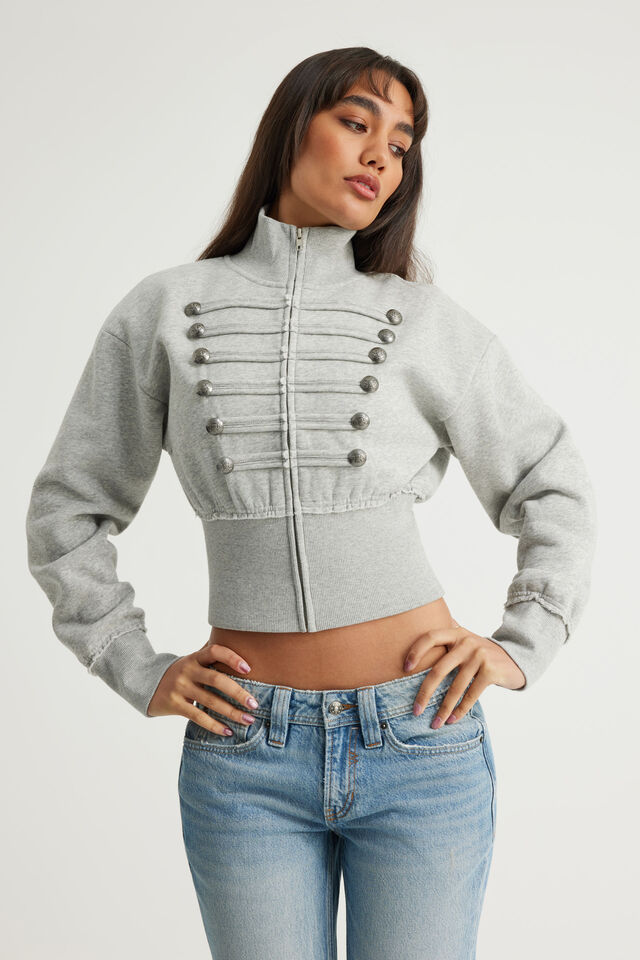 Funnel Neck Zip Through, GREY MARLE/MILITARY