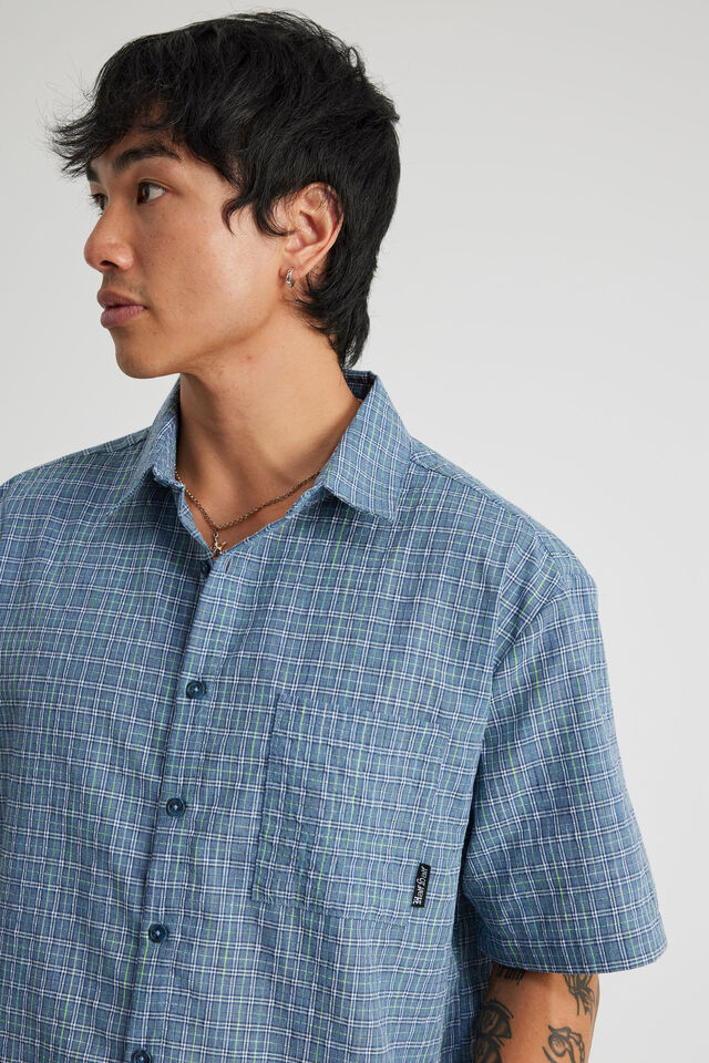 Half Half Short Sleeve Shirt, HH BLUE GREY NEON CHECK