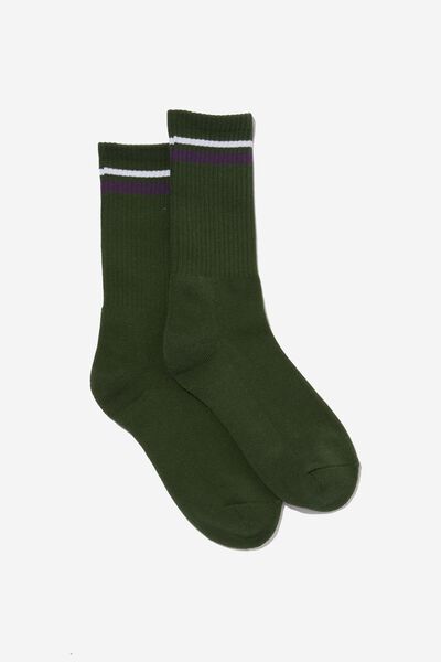 Retro Ribbed Socks, FOREST GREEN/WHITE PURPLE STRIPE