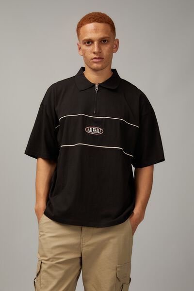 Box Fit Zip Polo, BLACK PIPING