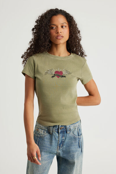 Fitted Graphic Tee, WASHED OLIVE STONE/NTN HEART