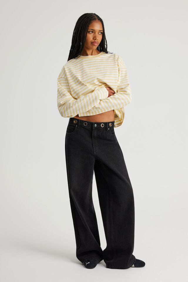 Open Gallery Cropped Long Sleeve Tshirt, OG DAFFODIL STRIPE/OG LOGO